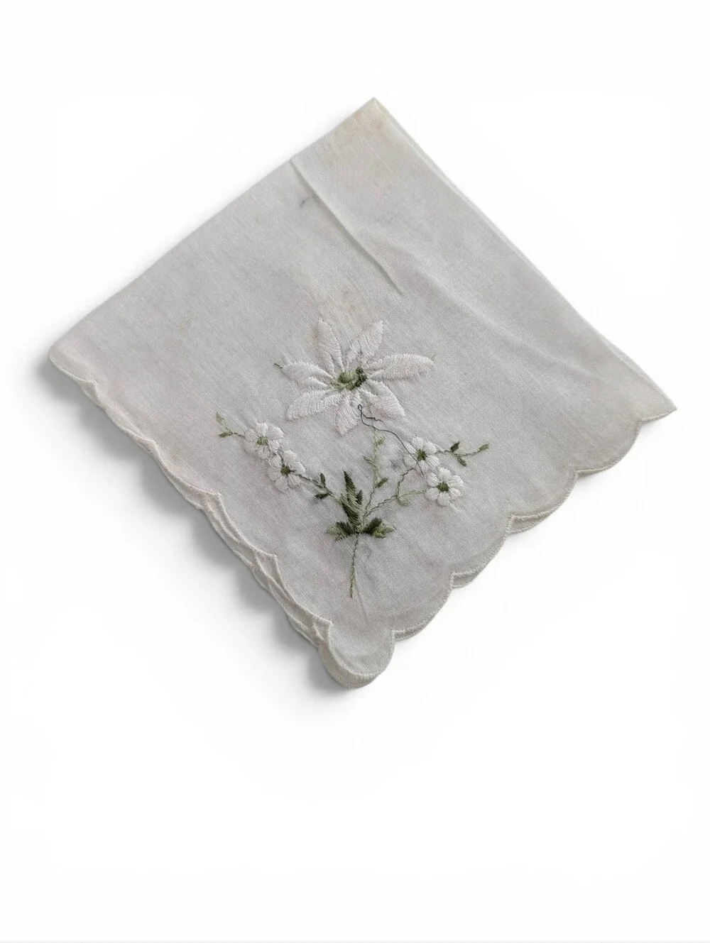 VINTAGE Hankerchief Embroidered White Linen Green Floral Design